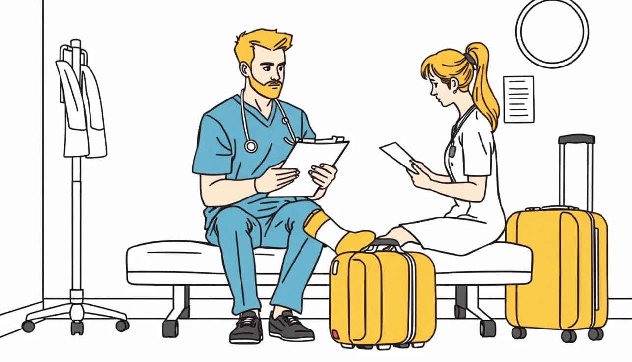 Lekár na klinike vyšetruje pacienta a kontroluje zdravotnú dokumentáciu