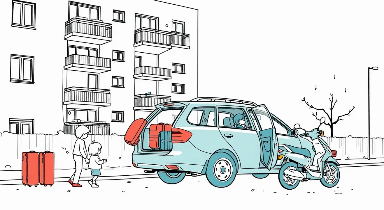 Osobné auto s naloženým prívesným vozíkom zaparkované pri diaľničnom odpočívadle