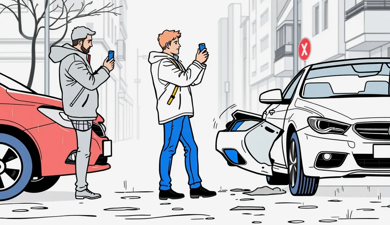 Dvaja vodiči vypisujú správu o nehode na kapote poškodeného automobilu