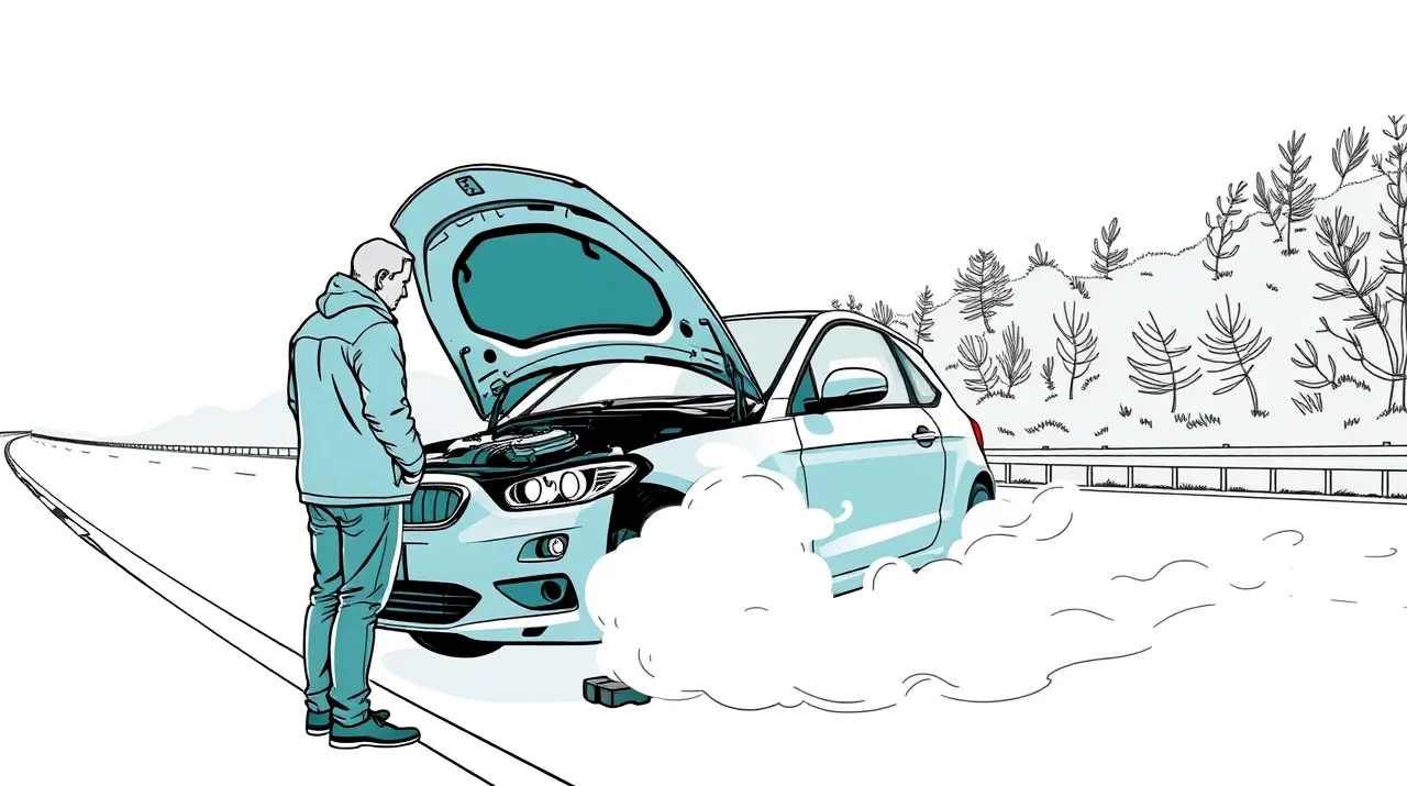Automechanik kontroluje poškodený motor osobného auta na zdviháku v servise