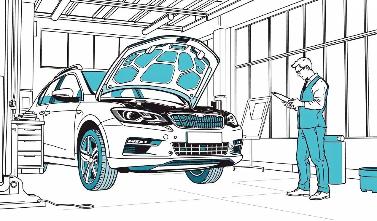 Automechanik v servise kontroluje povrchové poškodenie laku a nárazníka úžitkového vozidla