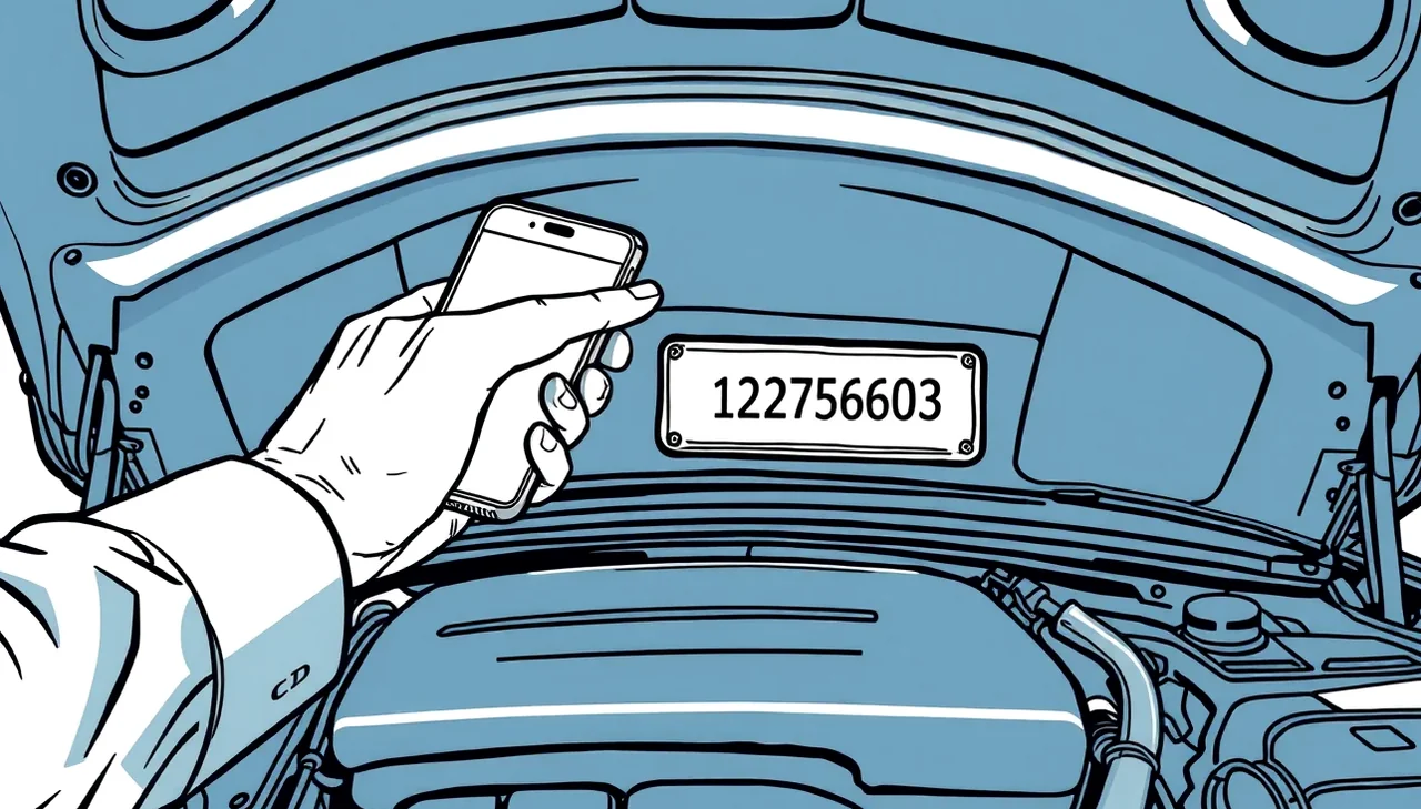 Detailný pohľad na výrobné VIN číslo vyrazené na kovovom ráme v motorovom priestore