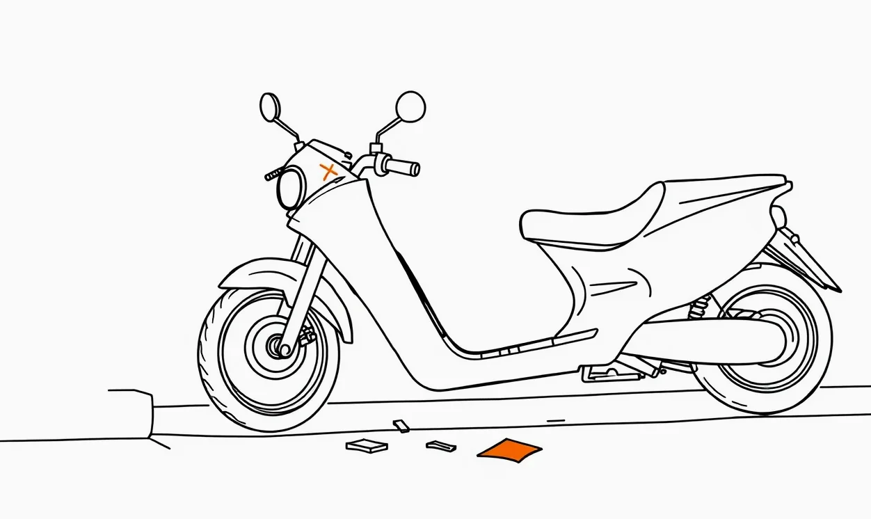 Zaparkovaný moderný cestovný motocykel uzamknutý masívnou reťazou o oceľovú kotvu v zemi