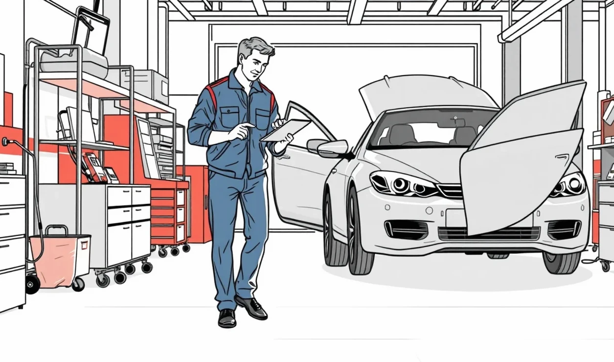 Automechanik v servise kontroluje poškodený nárazník na zdviháku