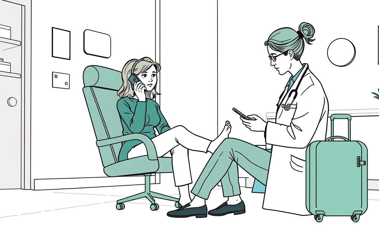 Lekár vypisujúci lekársku správu a účet za ošetrenie v holandskej ambulancii