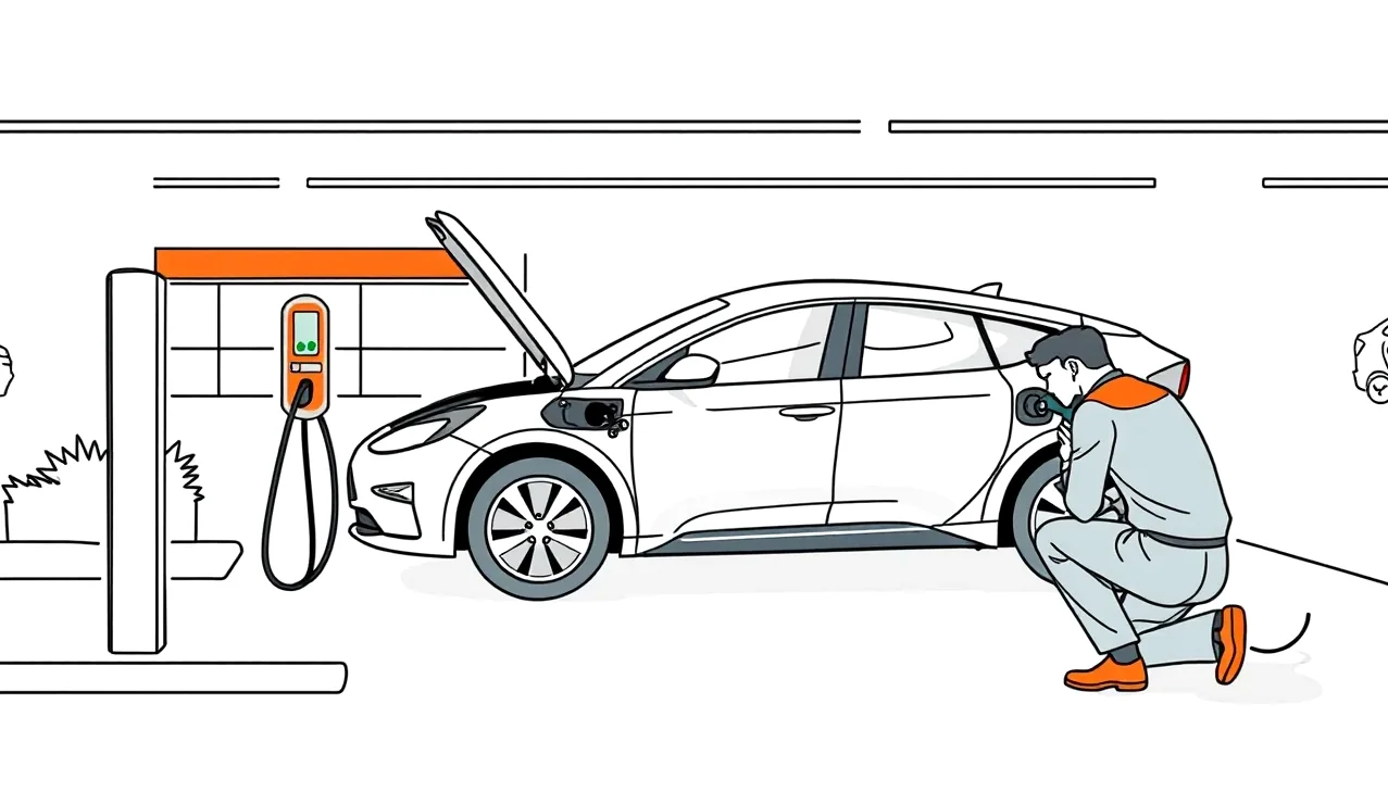 Technik cestnej asistencie diagnostikuje elektronickú poruchu pod kapotou nepojazdného vozidla na diaľnici