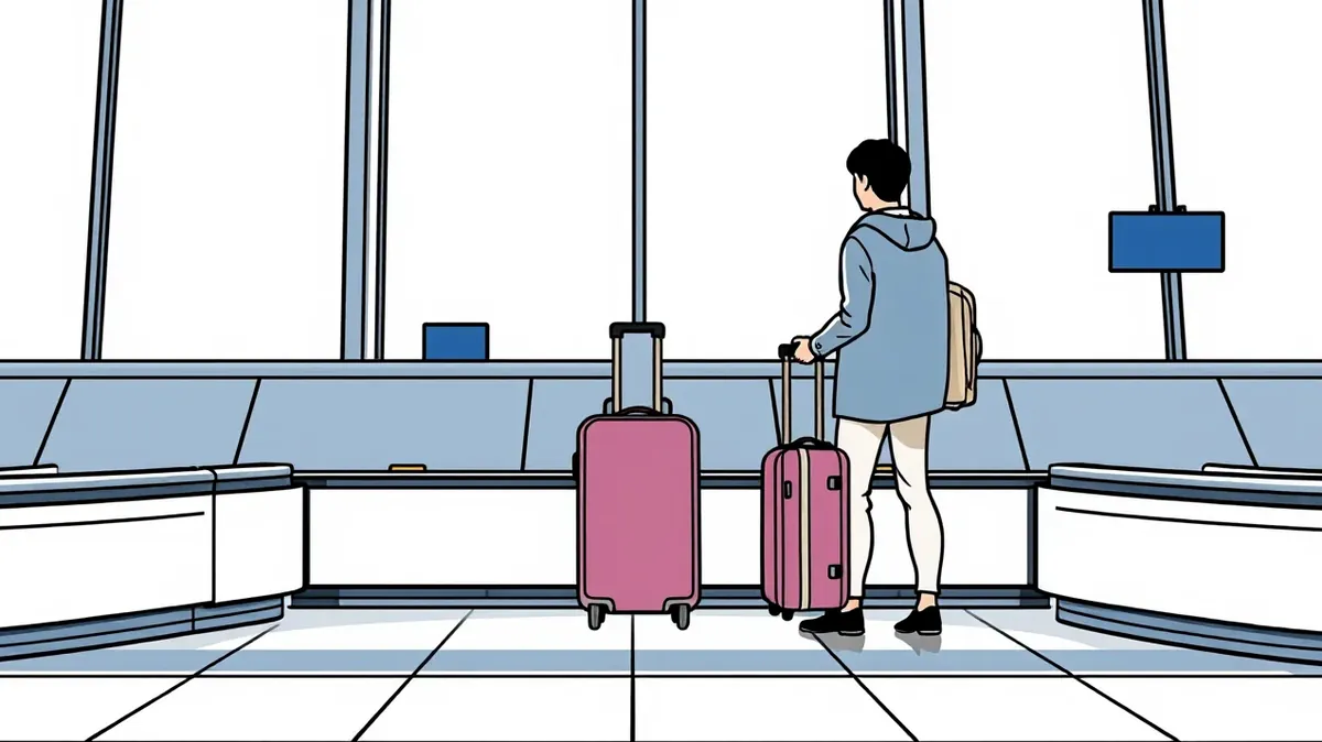 Cestujúci kontroluje poškodený zips a škrupinu kufra pri batožinovom páse na letisku