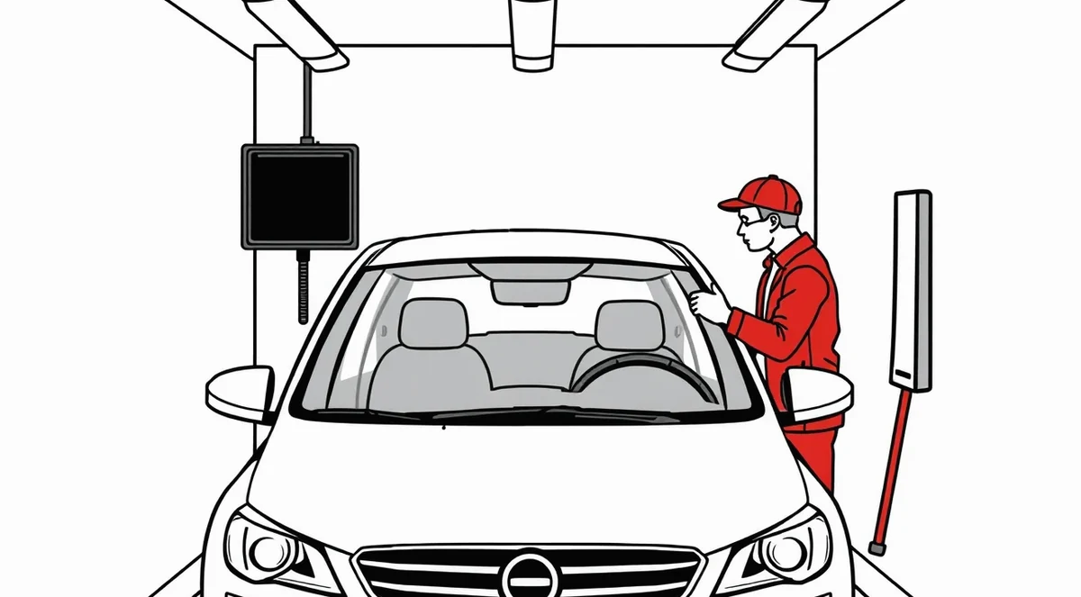 Pracovník autoservisu meria poškodenie čelného skla kalibračným pravítkom