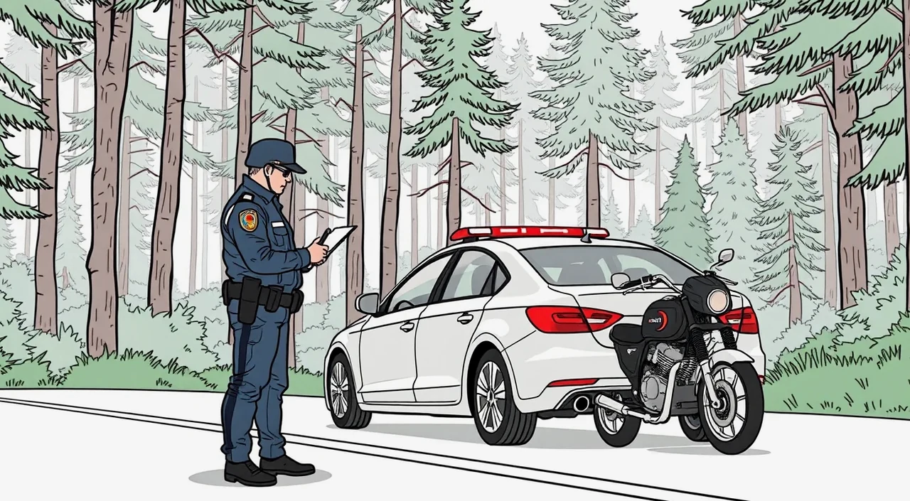 Policajná hliadka dokumentuje škodovú udalosť na vozidle odstavenom na krajnici cesty