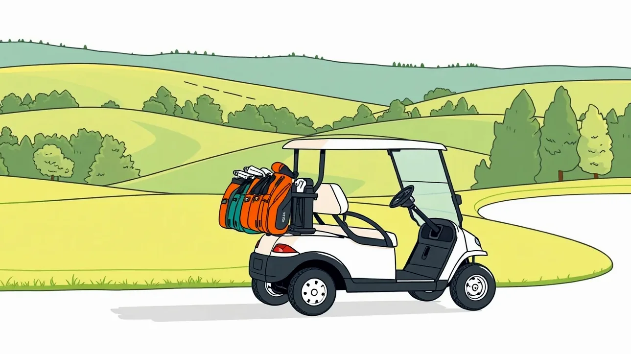 Dvojmiestne a štvormiestne elektrické golfové vozíky zaparkované vedľa seba pri klubovom dome
