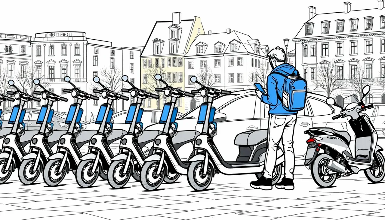 Muž kontrolujúci technické parametre a výrobný štítok na elektrickej kolobežke