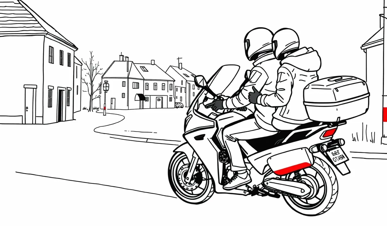 Motorkár v ochrannej prilbe a bunde stojaci pri motocykli na okraji cesty